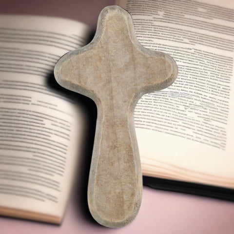 Handheld Wooden Prayer Cross in Washed Gray