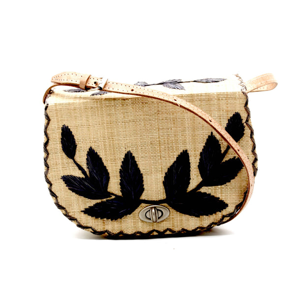 Embroidered Vines Straw Crossbody Bag - Natural Black