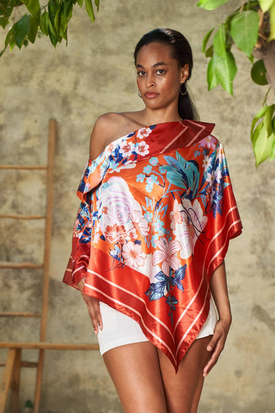 Scarf Print Off-Shoulder Poncho - Floral Rouge