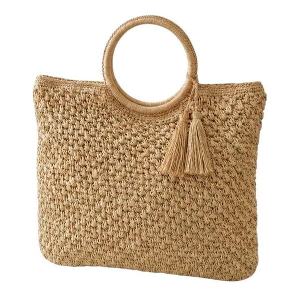 Round Handle Raffia Woven Tote Handbag