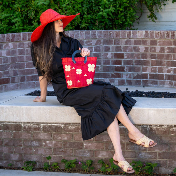 Tulum Straw Bucket Handbag - Red