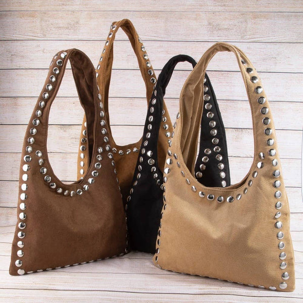 Grommet Border Studded Sueded Shoulder Bag