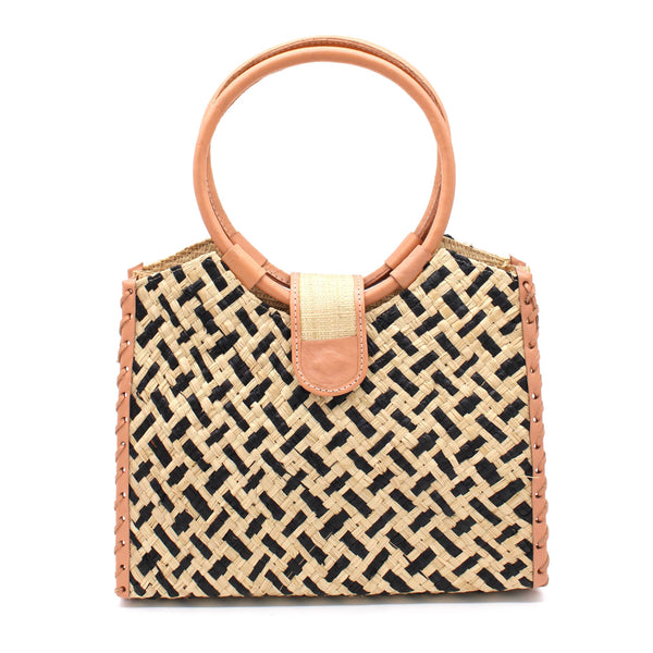 Ibiza Straw Handbag with Leather Handles - Black
