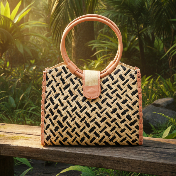 Ibiza Straw Handbag with Leather Handles - Black