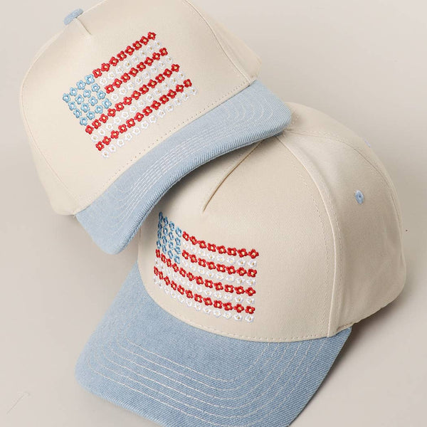 Floral American Flag Denim Baseball Hat