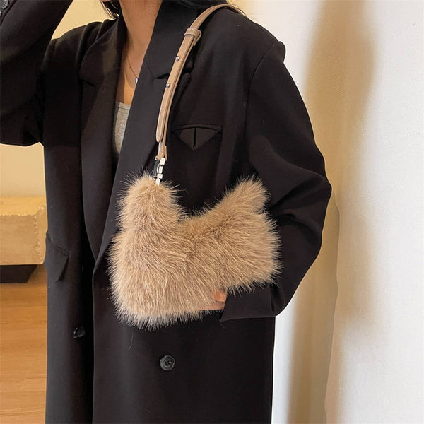 Mini Faux Fox Fur Crossbody Handbag - Tan