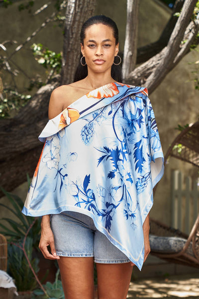 Scarf Print Off-Shoulder Poncho - Poppy Sky