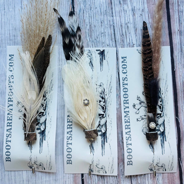Feathered hair accessories on display