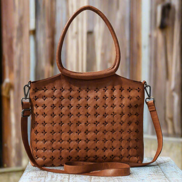 cognac leather bag with genuine leather cross stitch design