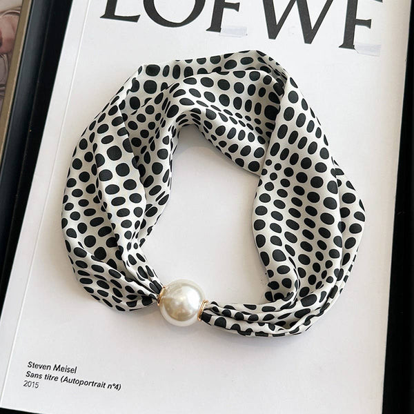 Magnetic Pearl Scarf Necklace - Black Dots
