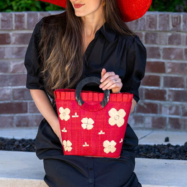 Tulum Straw Bucket Handbag - Red