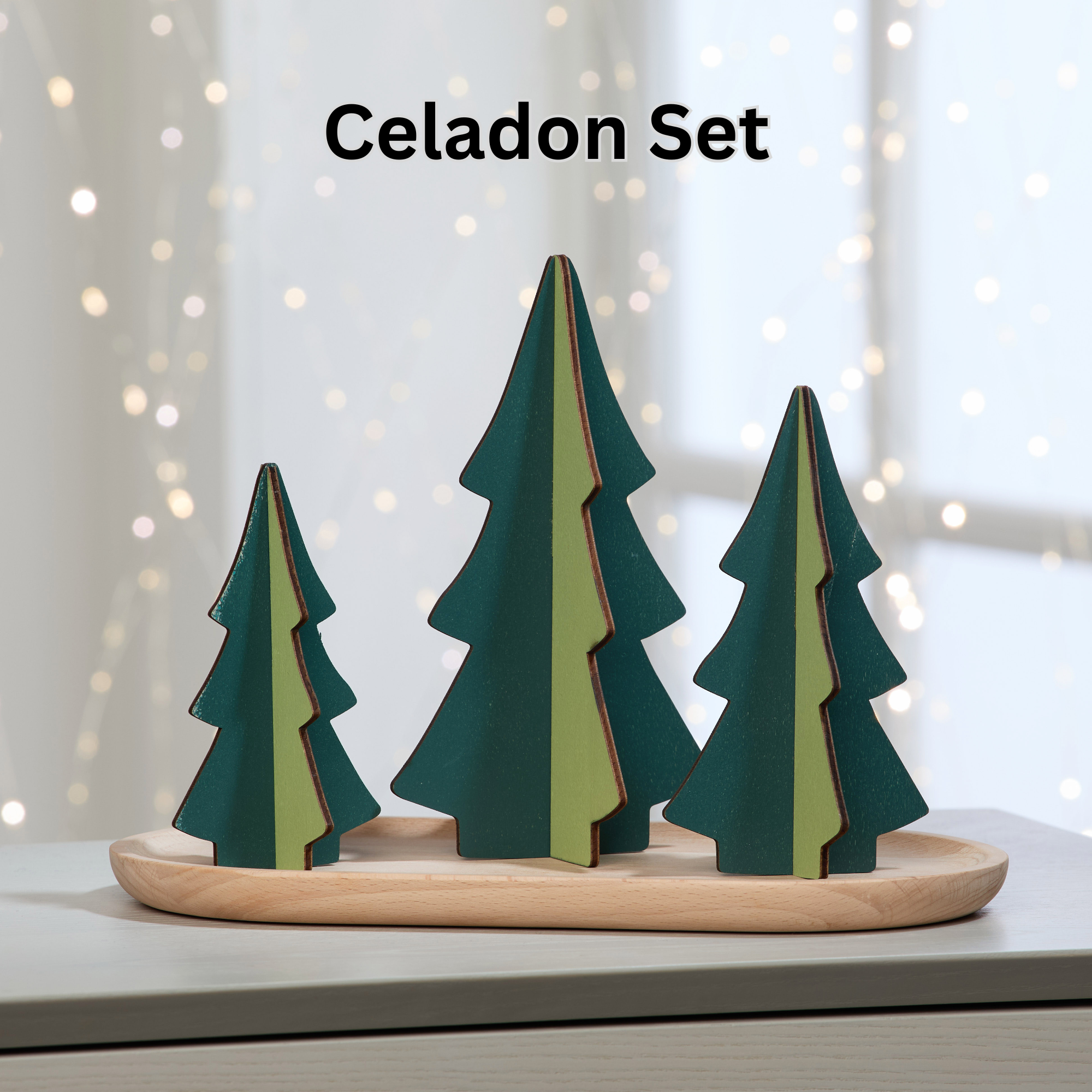Wood Interlocking Trees - Celadon Green Set of 3