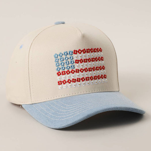 Floral American Flag Denim Baseball Hat