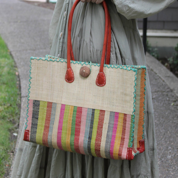 Zafran Striped Straw Beach Bag - Lollipop