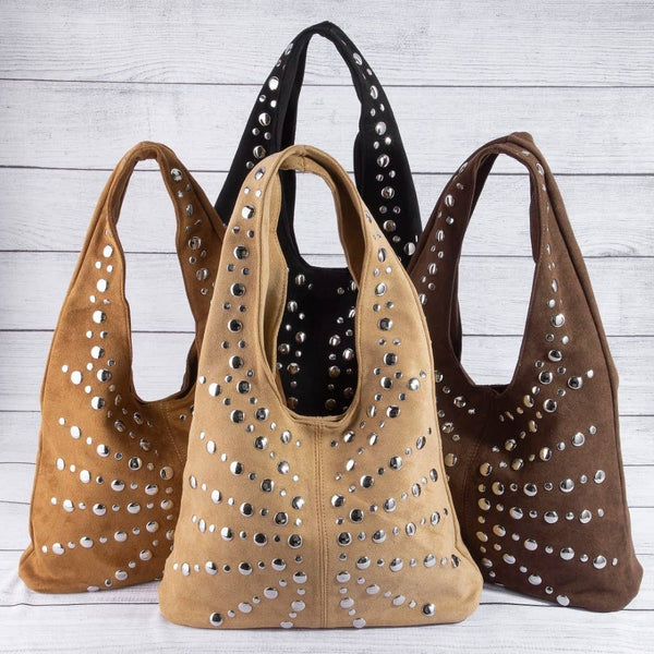 Grommet Studded Sueded Shoulder Bag