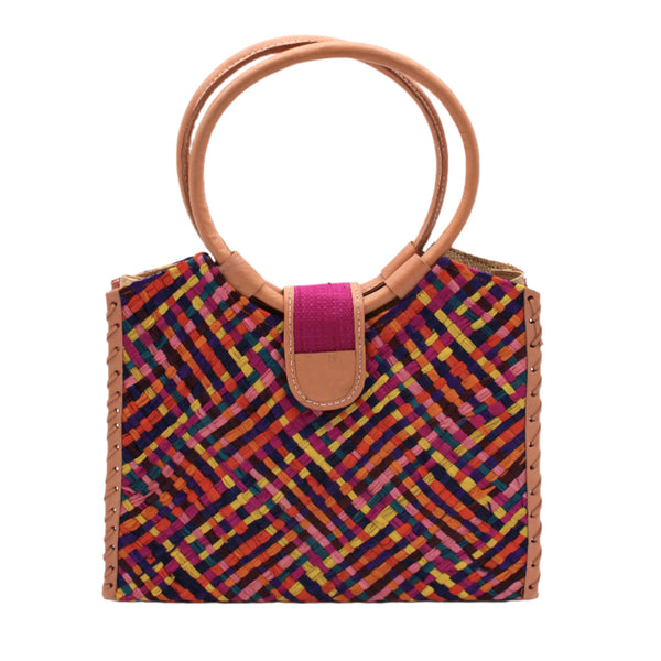 Ibiza Straw Handbag with Leather Handles - Raspeberry