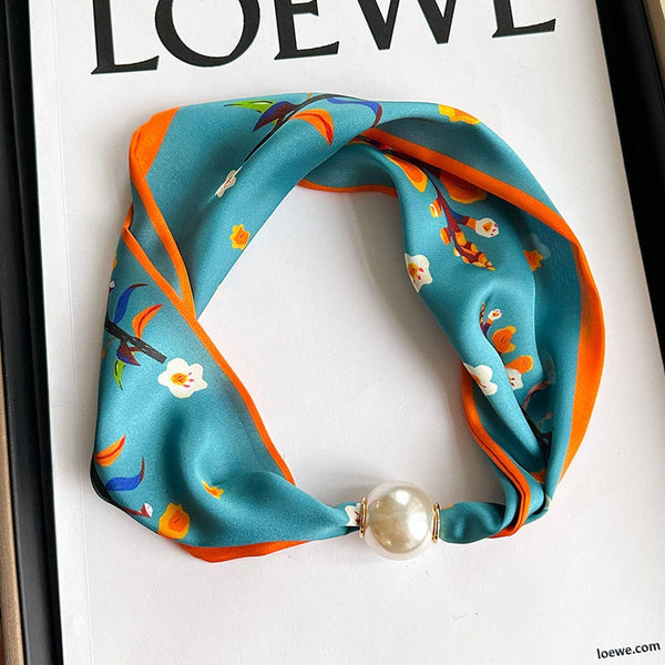 Magnetic Pearl Scarf Necklace - Teal Orange Floral
