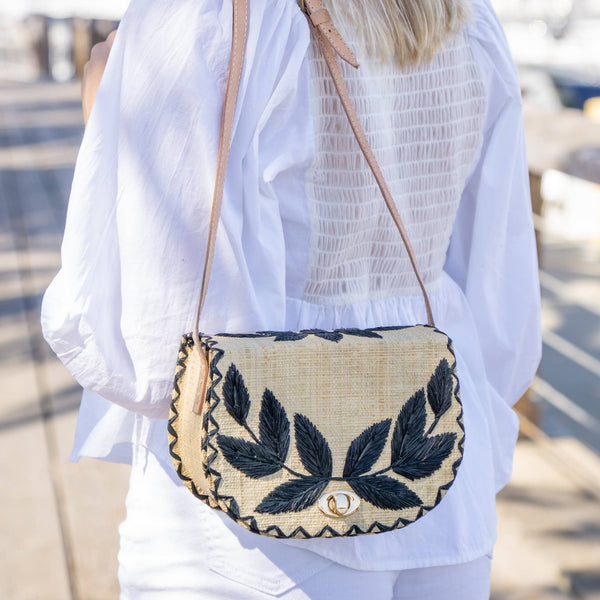 Embroidered Vines Straw Crossbody Bag - Natural Black