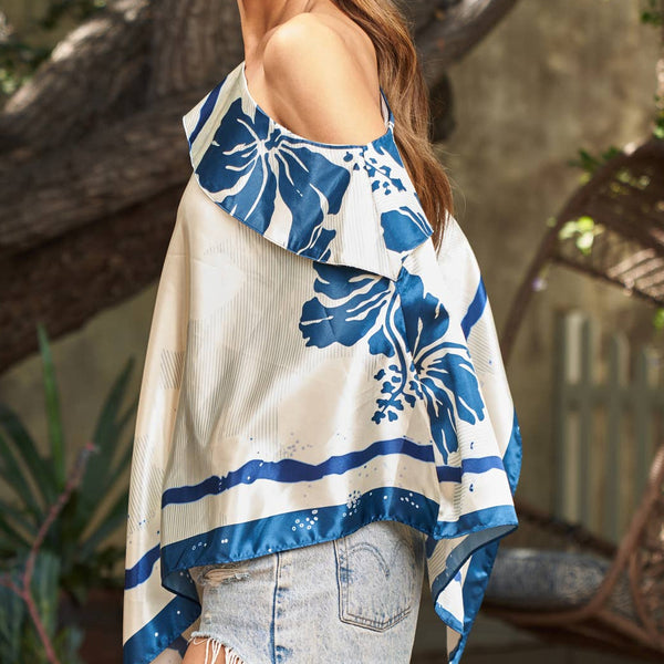 Scarf Print Off-Shoulder Poncho - Midnight Hibiscus
