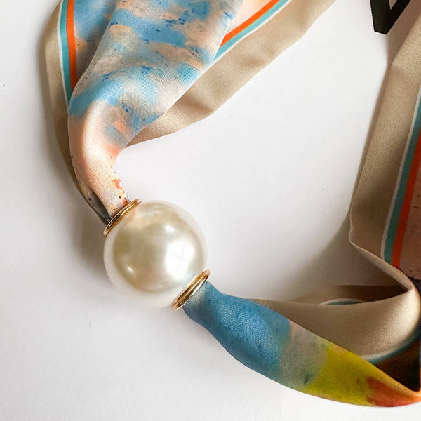 Magnetic Pearl Scarf Necklace - Teal Orange Floral