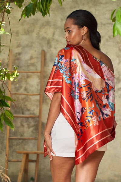 Scarf Print Off-Shoulder Poncho - Floral Rouge