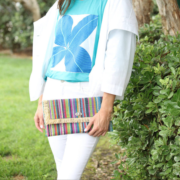 Sophie Straw Envelope Clutch with Raw Fringe Trim - Taffy