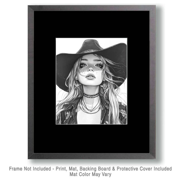 Black and White Cowgirl Wall Art Print