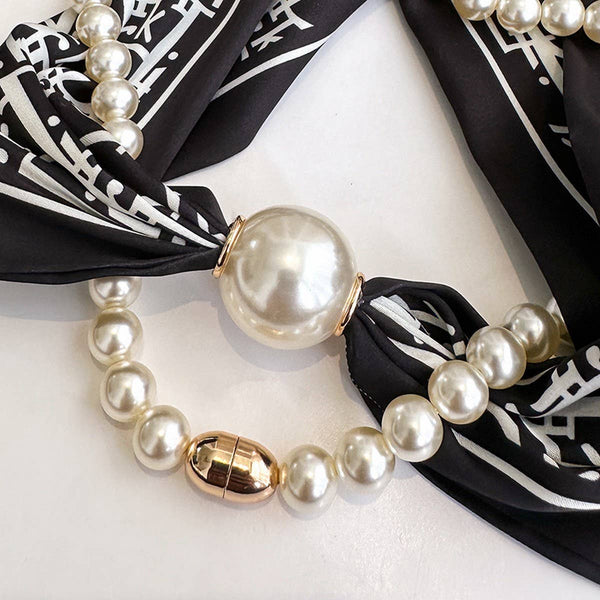 Magnetic Pearl Scarf Necklace - Black Dots