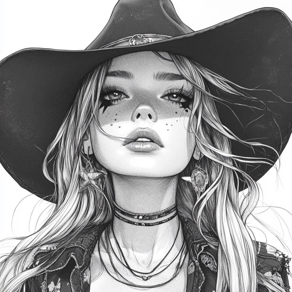 Black and White Cowgirl Wall Art Print