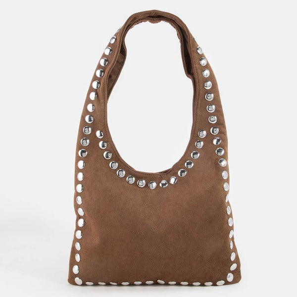Grommet Border Studded Sueded Shoulder Bag