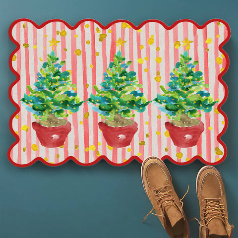 Red Potted Christmas Trees Vinyl Floor Mat