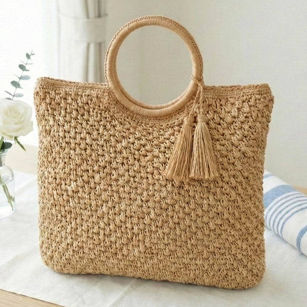 Round Handle Raffia Woven Tote Handbag