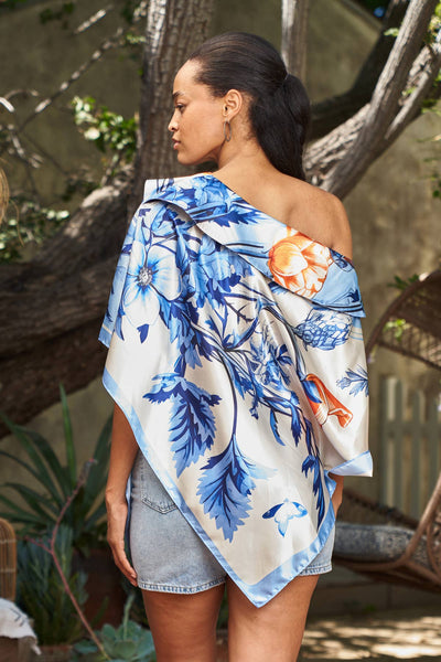Scarf Print Off-Shoulder Poncho - Poppy Sky