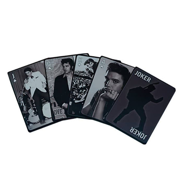 Set of playing cards with black and white portraits of Elvis on a white background