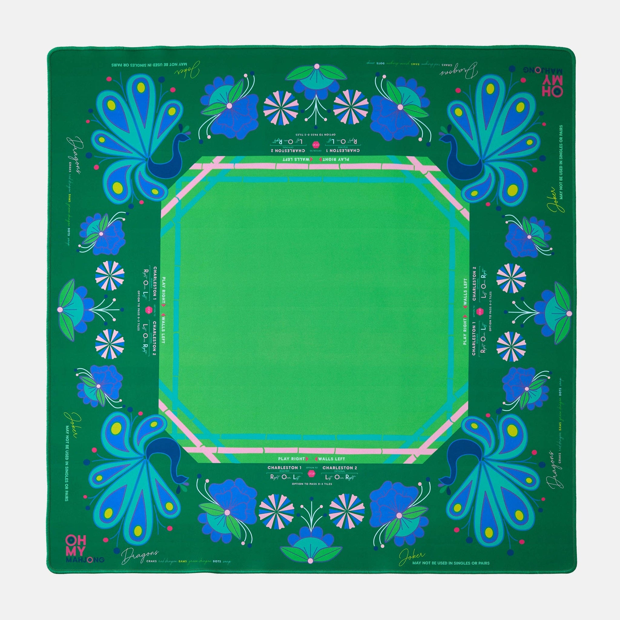 Green mahjong mat with blue floral patterns on a green background