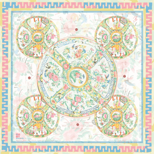Decorative mahjong mat with floral patterns and border 