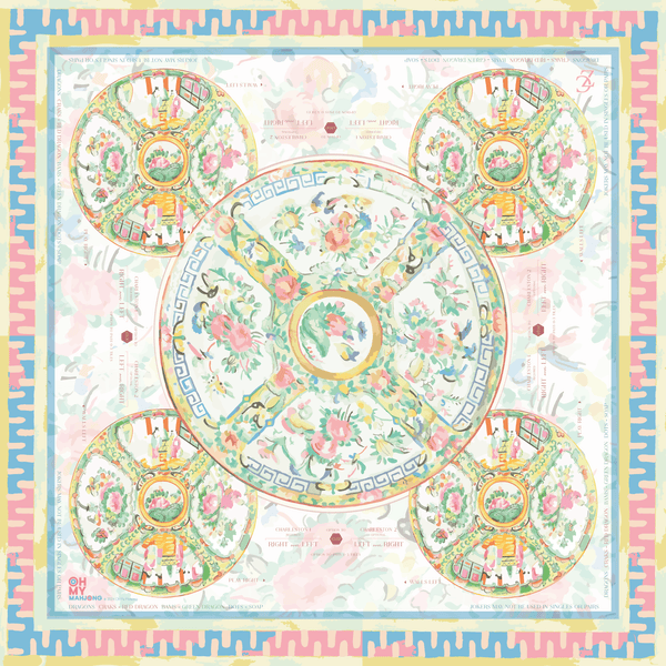 Decorative mahjong mat with floral patterns and border 