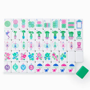 Colorful Mahjong tiles with various designs on a white background