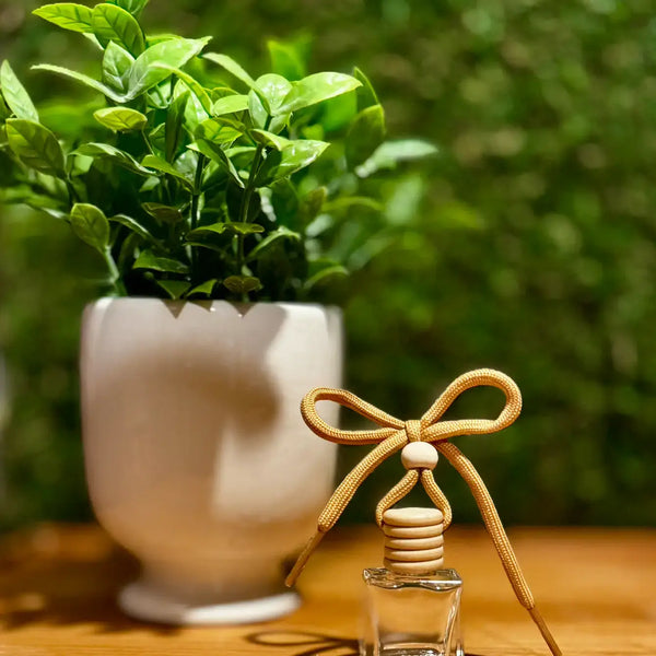 Small clear bottle with a gold bow next to a potted plant on a wooden surface