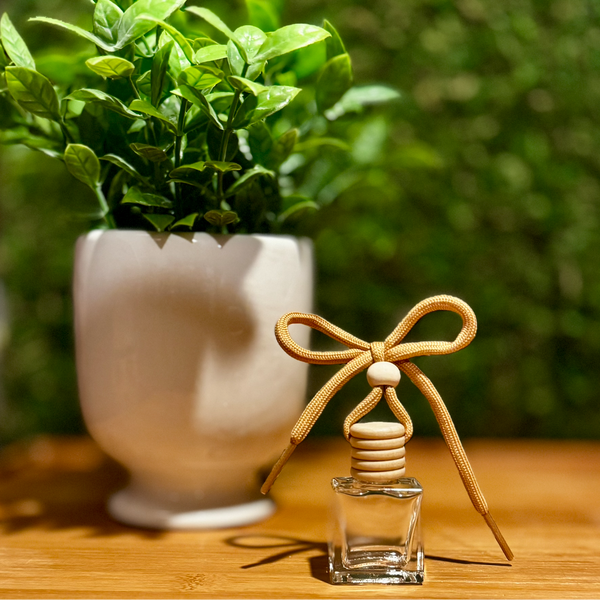 Small glass bottle with a bow next to a potted plant on a wooden surface