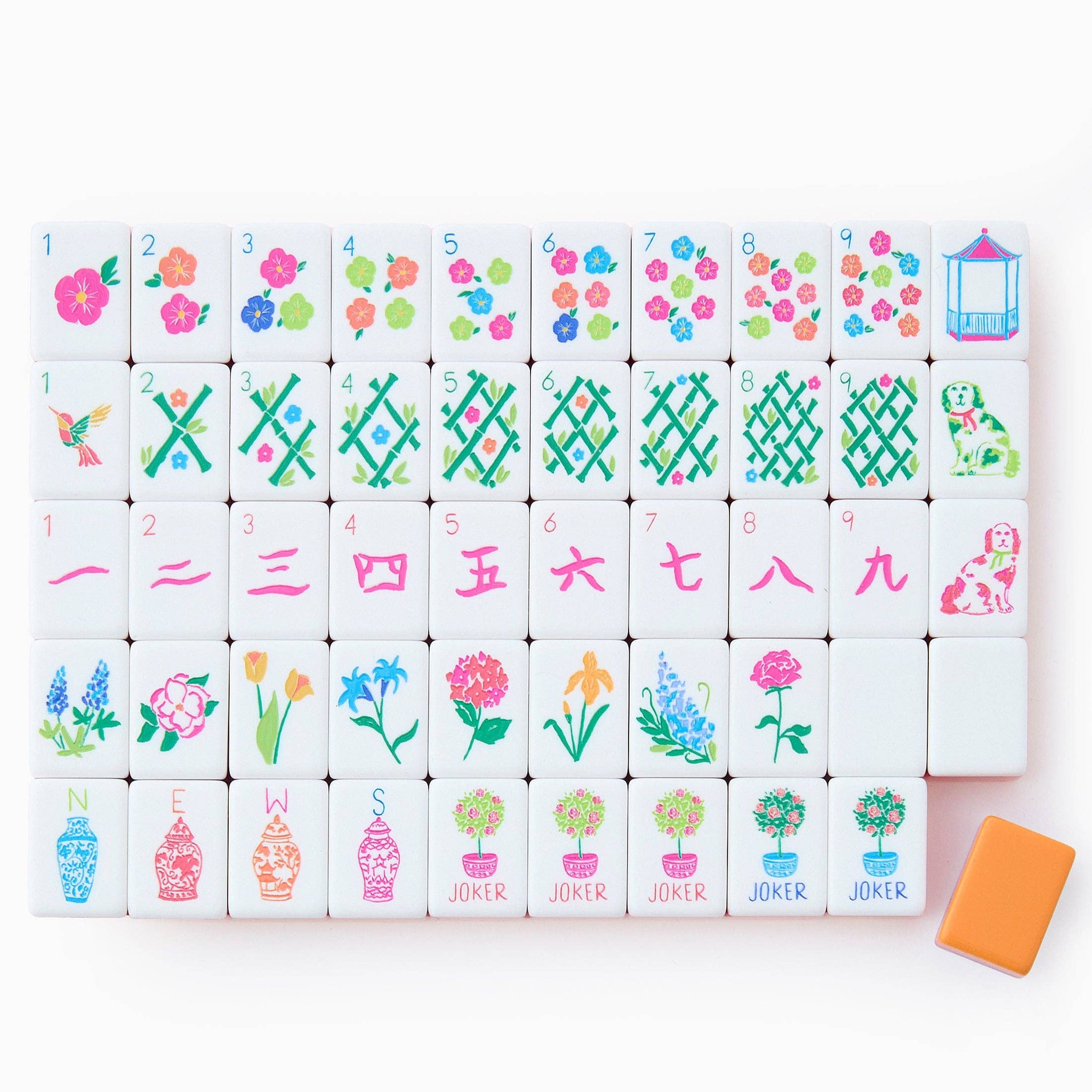 Set of colorful Mahjong tiles with floral and geometric designs on a white background