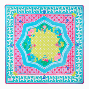 Colorful patterned mahjong mat with geometric design on a bright background