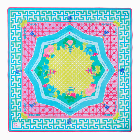 Colorful patterned mahjong mat with geometric design on a bright background