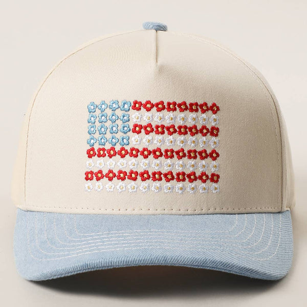 Floral American Flag Denim Baseball Hat