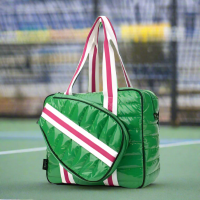 Puffer Pickle Ball Tote - Green with Pink Stripe