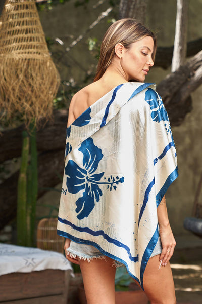 Scarf Print Off-Shoulder Poncho - Midnight Hibiscus