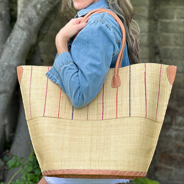 Santa Cruz Pinstripes Straw Tote Bag - Natural Brights