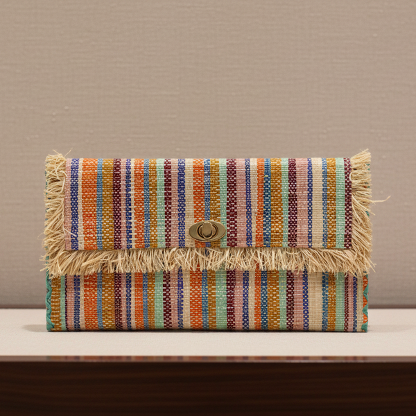 Sophie Straw Envelope Clutch with Raw Fringe Trim - Taffy