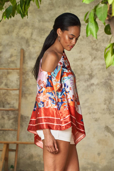 Scarf Print Off-Shoulder Poncho - Floral Rouge