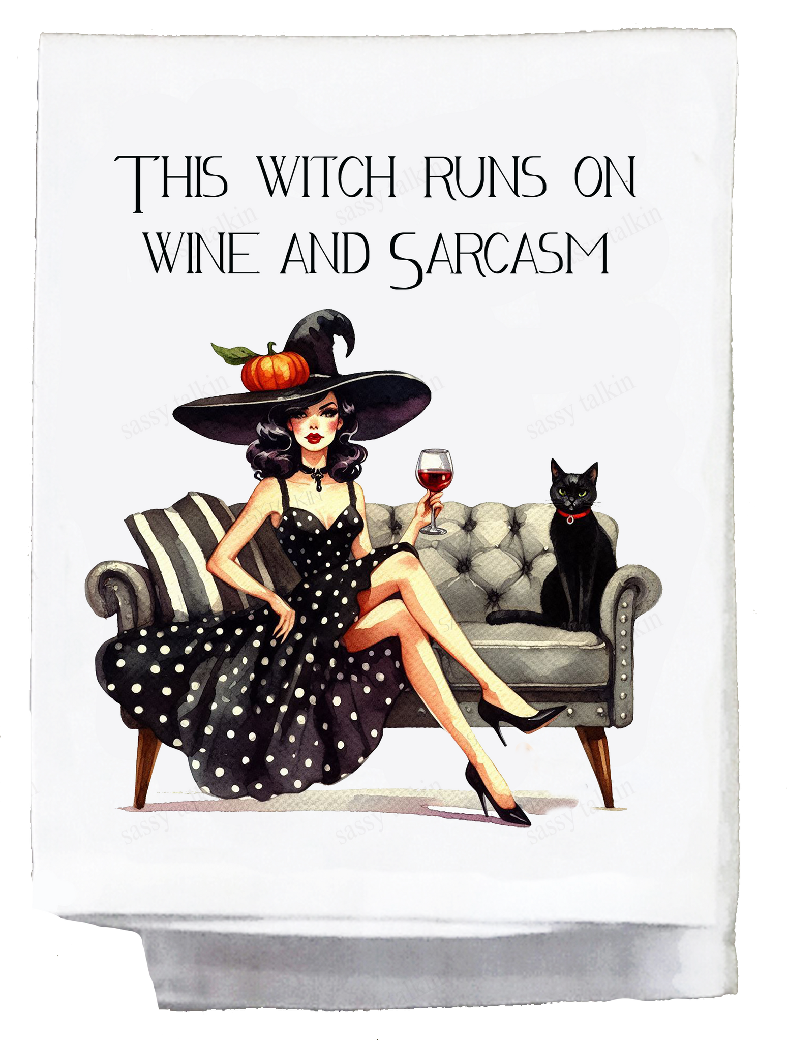 Halloween This Witch Runs on Wine and Sacasm Kitchen Towel